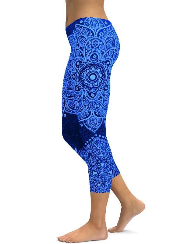 Flexible Yoga Pants for Active Women -Navy and Light Blue Mandala Capris