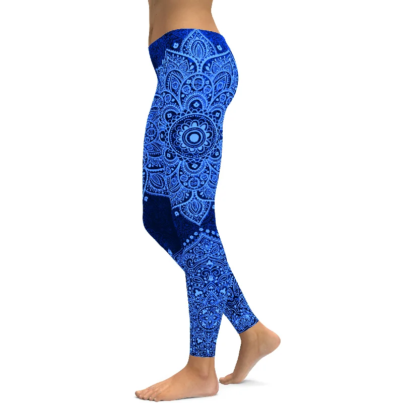 Yoga Pants for Strength and Endurance -Navy and Light Blue Mandala Leggings