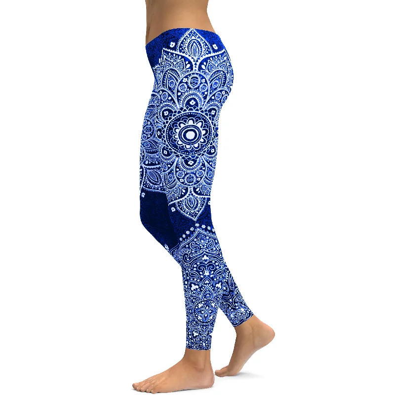 Yoga Pants with 4-Way Stretch -Navy and White Mandala Leggings