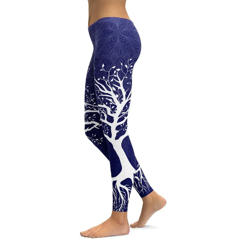 Breathable Yoga Pants for Workouts -Navy Blue Tree of Life Leggings