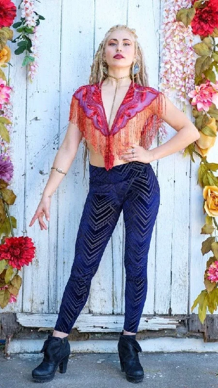 High-Waisted Yoga Pants for Comfort -Navy Chevron Burnout Velvet Leggings