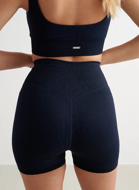 Yoga Shorts for Comfortable Fitness -Navy Ribbed Midi Biker Shorts
