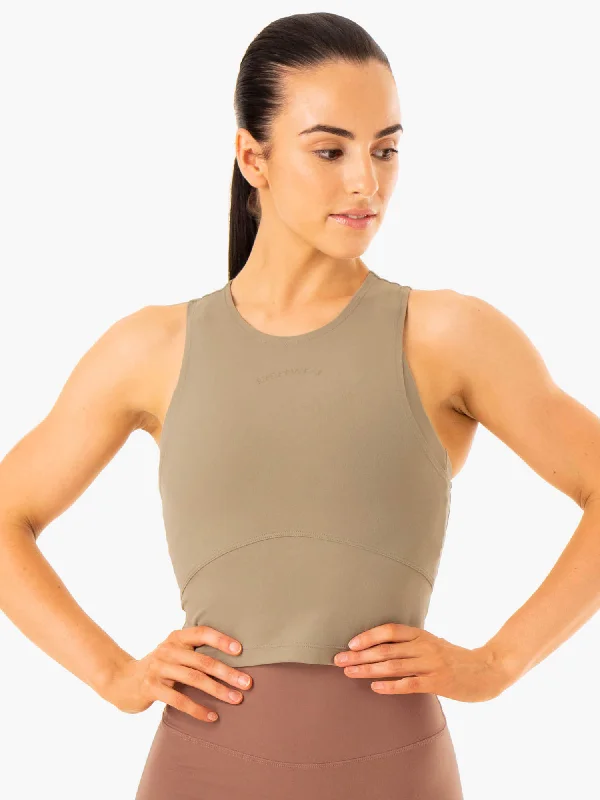 Yoga Tops for Deep Flexibility -NKD Refine Tank - Khaki