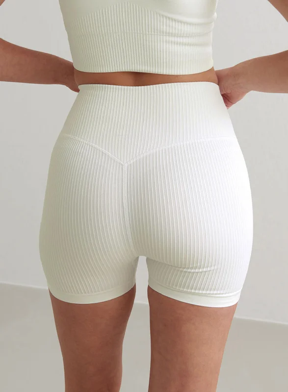 Yoga Shorts for Flexibility and Performance -Off-White Ribbed Midi Biker Shorts