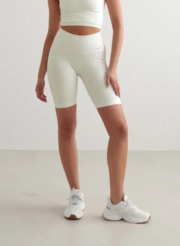 Yoga Shorts with Supportive Waistband -Off-White Ribbed Seamless Biker Shorts