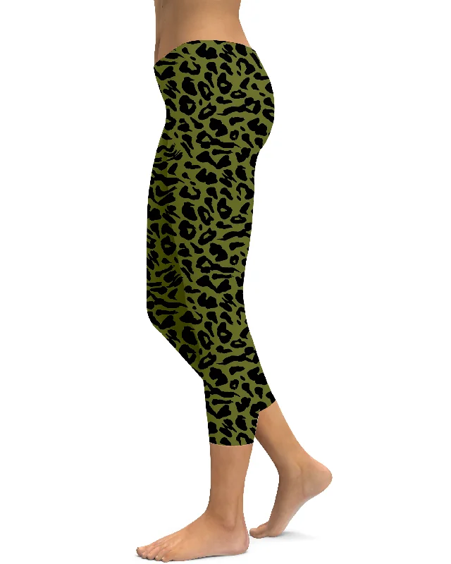 Yoga Pants for Power Yoga -Olive Green Leopard Skin Capris