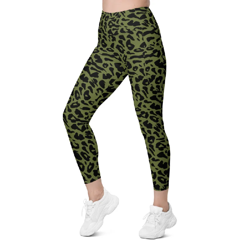 Yoga Pants for Relaxation Poses -Olive Green Leopard Skin Leggings with Pockets