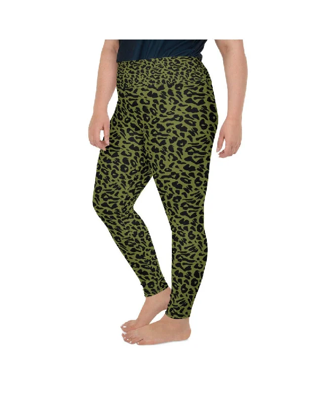 High-Waisted Yoga Pants -Olive Green Leopard Skin Plus Size Leggings
