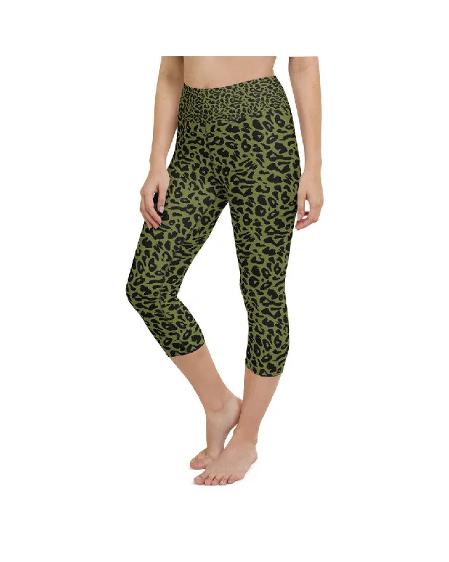Stretchable Yoga Pants for Flexibility -Olive Green Leopard Skin Yoga Capris