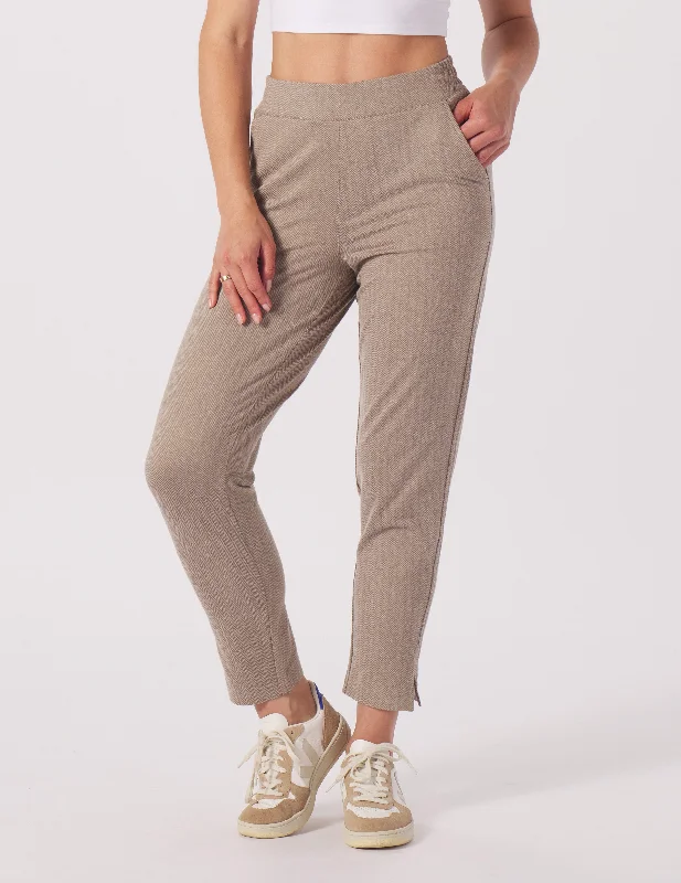 Wide Waistband Yoga Pants -On The Go Ankle Pant: Mocha Herringbone