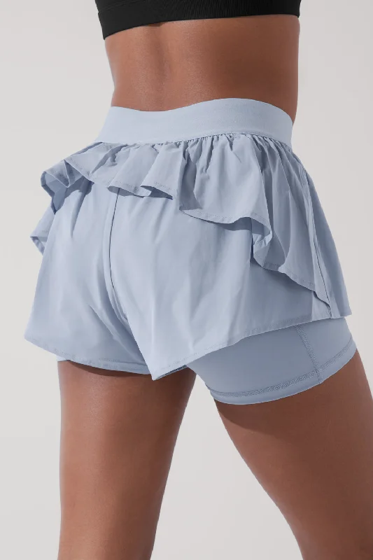 Performance Yoga Shorts for Women -On the Run Ruffle Short - Blue Breeze