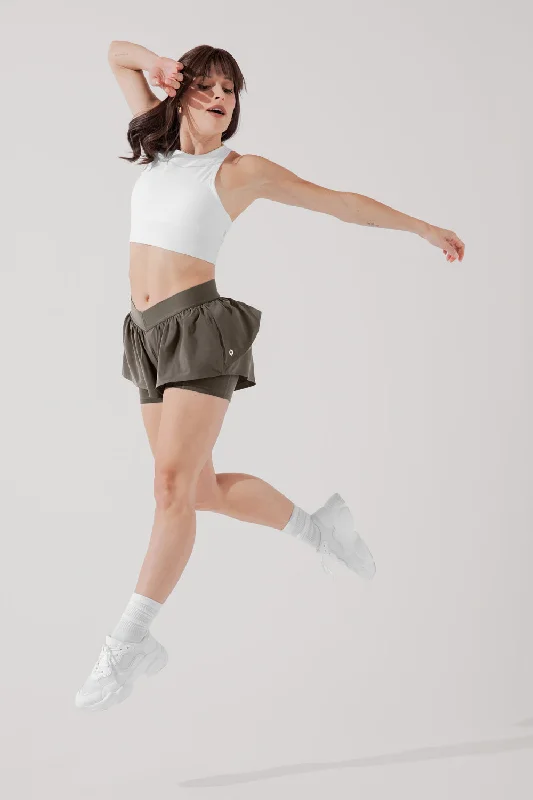 Yoga Shorts for Easy Stretching Poses -On the Run Ruffle Short - Deep Olive