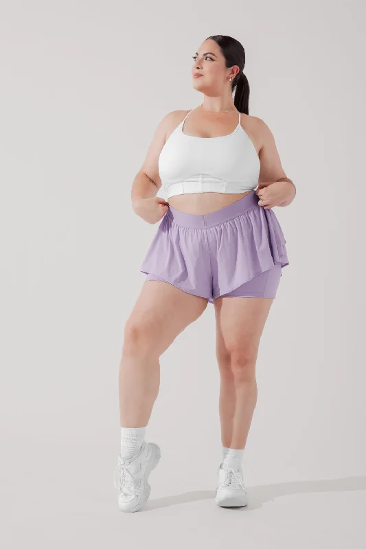 Yoga Shorts for Mobility and Strength -On the Run Ruffle Short - Lilac