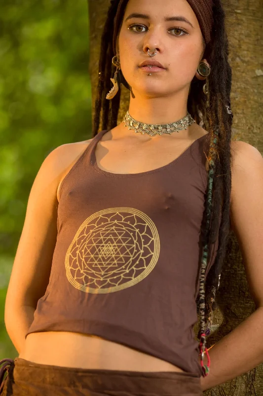 Women's Yoga Tops for Toning -Open Back Top - Brown Sri Yantra Top