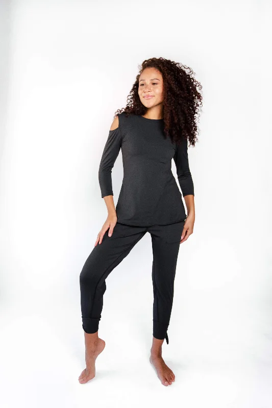 Plus Size Yoga Tops -Open Shoulder Top - Jet Black