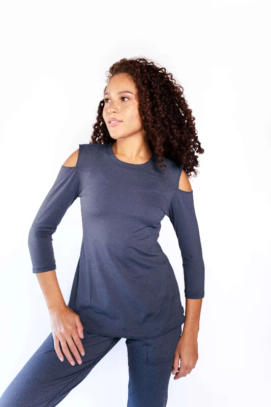 Yoga Tops for Stretching and Poses -Open Shoulder Top - Navy Blue