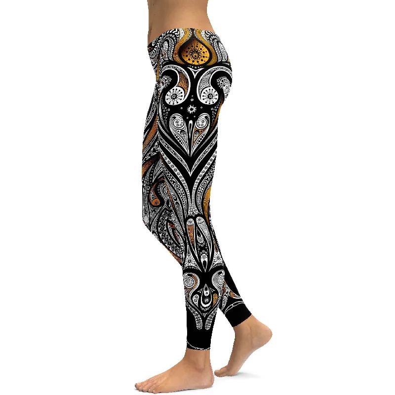 Yoga Pants for Building Strength -Orange Ornament Pattern Leggings