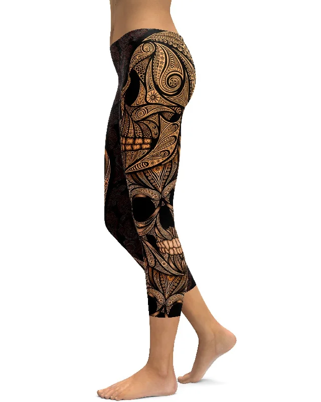 Yoga Pants for Stability and Stretch -Orange Ornamental Skull Capris