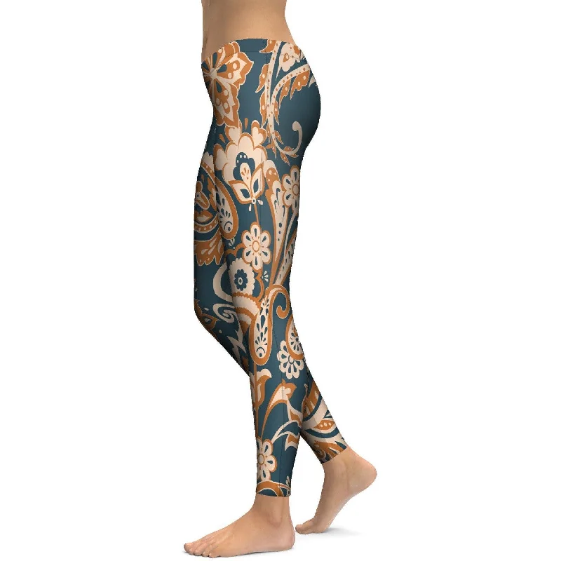 Flexible Yoga Pants for Women -Orange Paisley Leggings