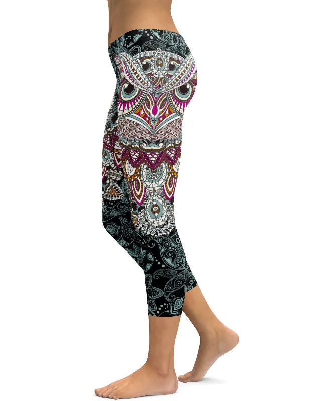 Comfortable Yoga Pants -Ornamental Owl Capris