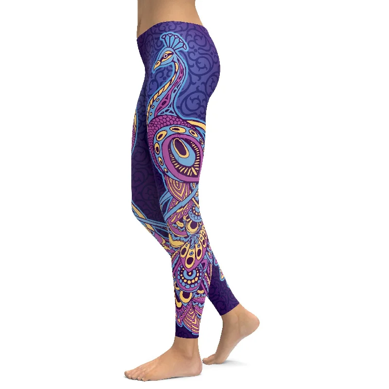 Comfortable Yoga Pants with Pockets -Ornamental Peacock Leggings
