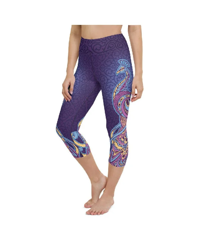 Stretchable Yoga Pants with High Waist -Ornamental Peacock Yoga Capris