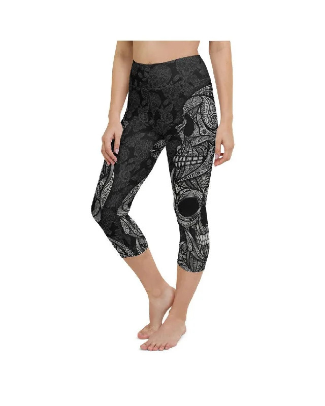 Comfortable Fit Yoga Pants -Ornamental Skull Yoga Capris