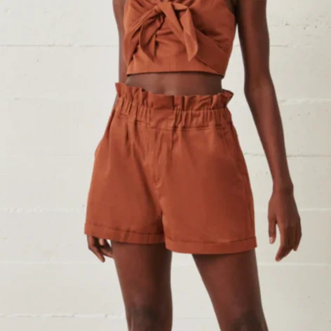 High-Waisted Yoga Shorts for Comfort and Style -Organic Paper Bag Shorts - Mocha Clay