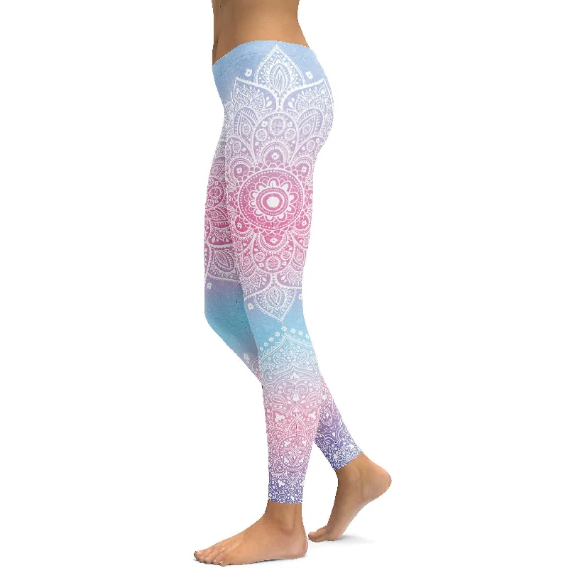 Comfortable Fit Yoga Pants -Pastel Blue & Pink Mandala Leggings