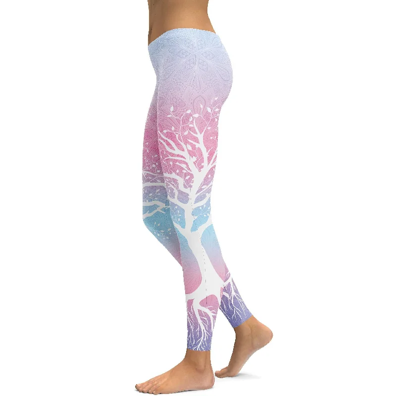 Stylish Yoga Pants for Workouts -Pastel Blue & Pink Tree of Life Leggings