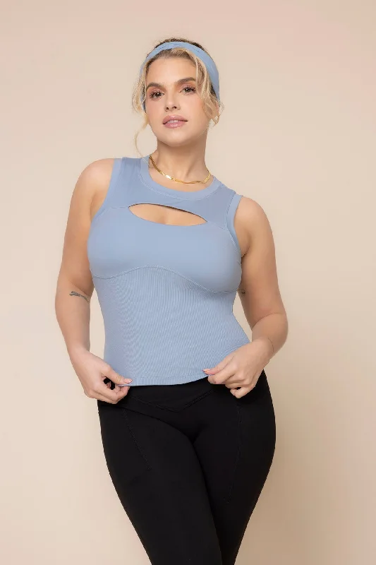Women's Yoga Tops for Stretching and Yoga Poses -Peekaboo Crew Tank - Blue Storm