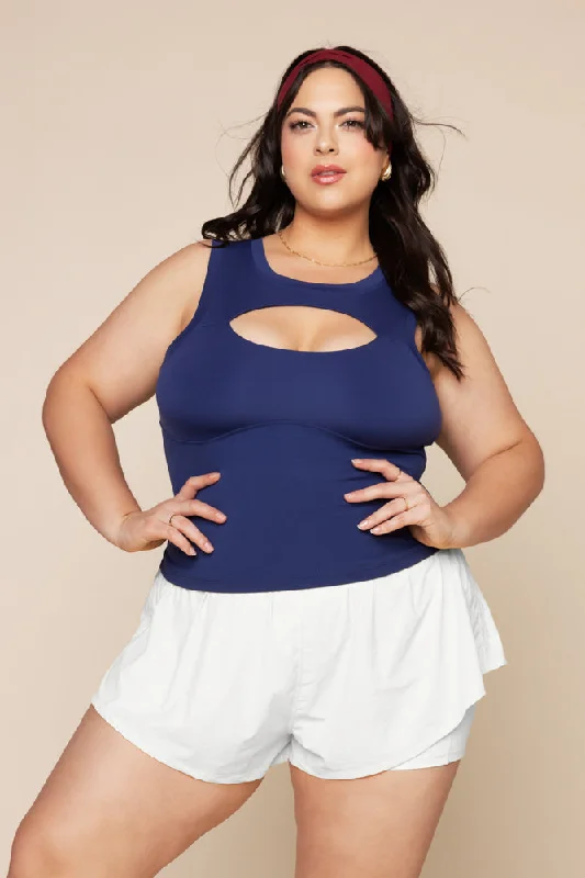 Yoga Tops for Intense Yoga Workouts -Peekaboo Crew Tank - Sapphire
