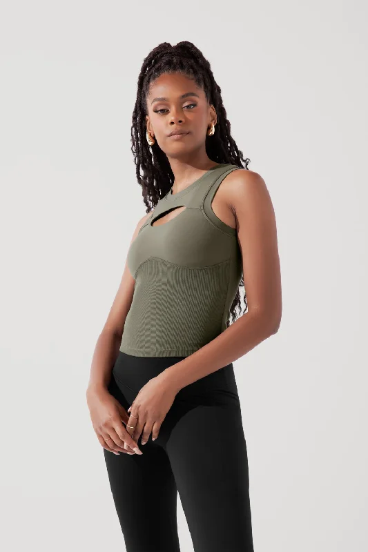 Women's Yoga Tops with Long Sleeves for Coverage -Peekaboo Crew Tank - Ivy