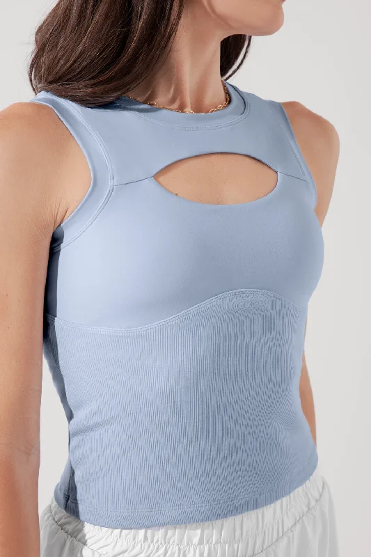 Yoga Tops for Comfort and Style -Peekaboo Crew Tank - Sky Blue