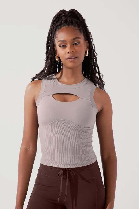 Comfortable Yoga Tops for Every Day Use -Peekaboo Crew Tank - Smoky Taupe