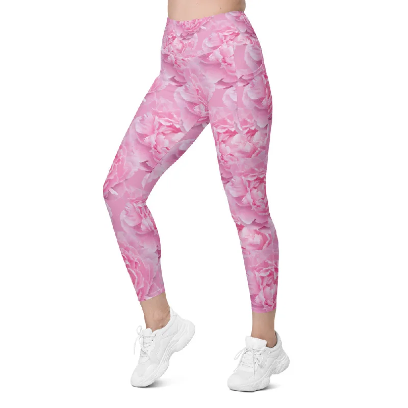 Yoga Pants for Active Training -Peony Flower Leggings with Pockets