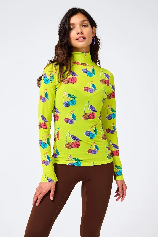 High-Performance Yoga Tops for Women -Mesh Mock Neck in Pepperoncini Halftone Cherries