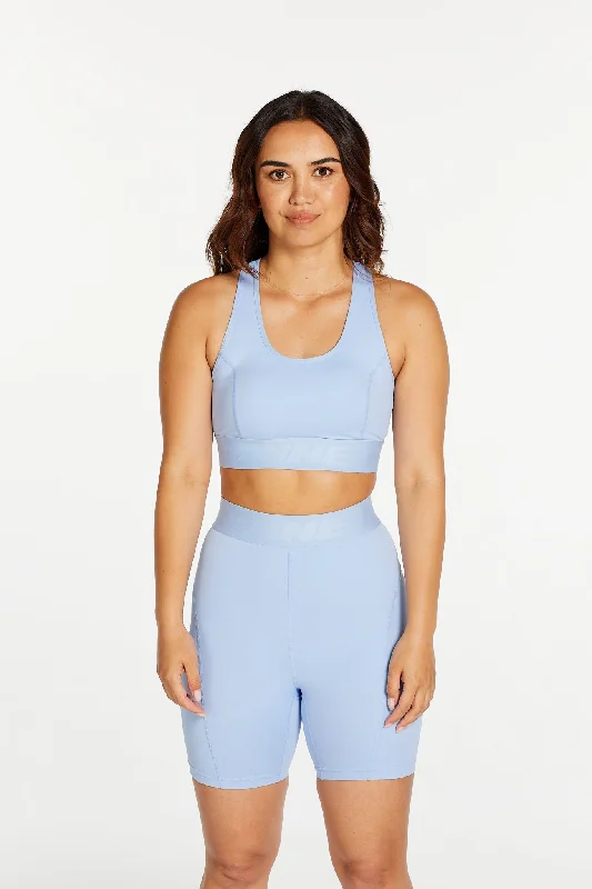 Yoga Shorts for Strength Training -TRACK PANEL MID SHORT SKY BLUE