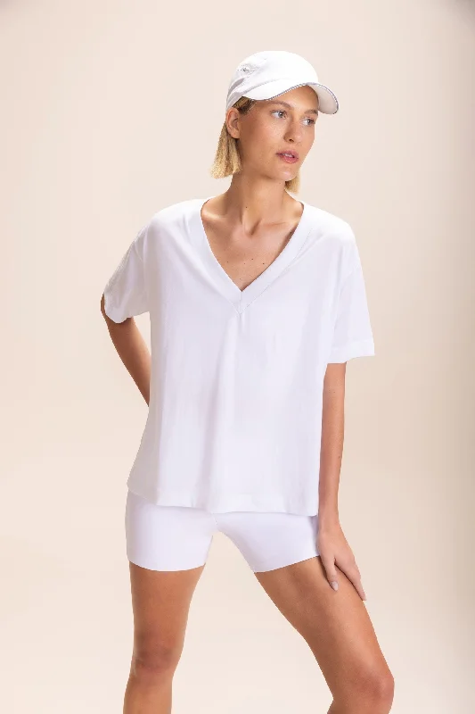 Yoga Tops with Built-In Support Bra -Pima Cotton V-neck Half-Knit T-Shirt