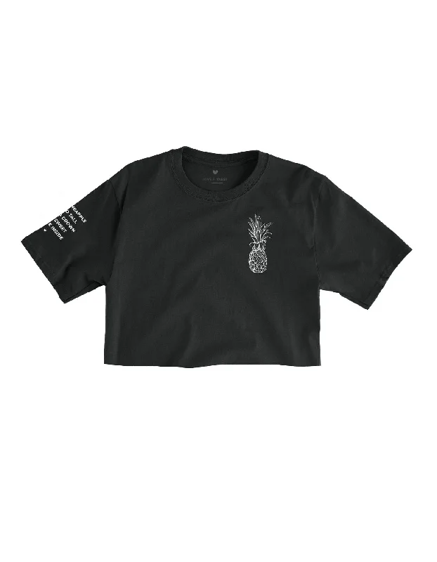 Women's Yoga Tops with Full Coverage Support -Pineapple Logo Crop Tee - Black
