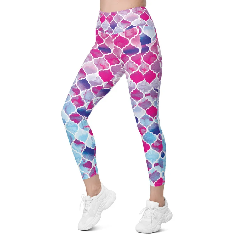 Stretchable Yoga Pants for All Practices -Pink & Blue Arabic Pattern Leggings with Pockets