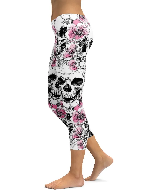 Comfortable Yoga Pants for Full Stretch -Pink Floral Skulls Capris