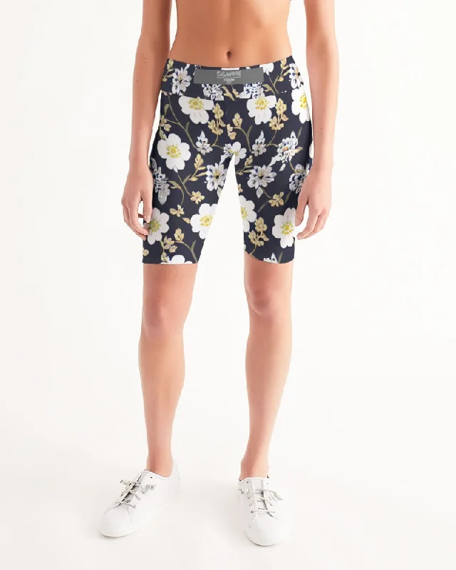 Stretchy Yoga Shorts for Core Workouts -Pink flower black background Women's All-Over Print Mid-Rise Bike Shorts Stretchy Yoga Shorts for Core Workouts -Pink flower black background Women's All-Over Print Mid-Rise Bike Shorts