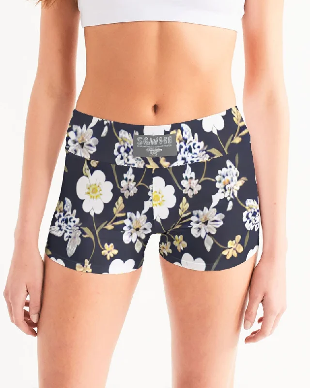 Yoga Shorts for Relaxing and Yoga Poses -Pink flower black background Women's All-Over Print Mid-Rise Yoga Shorts Yoga Shorts for Relaxing and Yoga Poses -Pink flower black background Women's All-Over Print Mid-Rise Yoga Shorts