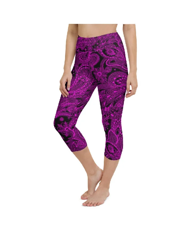 Affordable Yoga Pants for Fitness -Pink Glowing Floral Yoga Capris