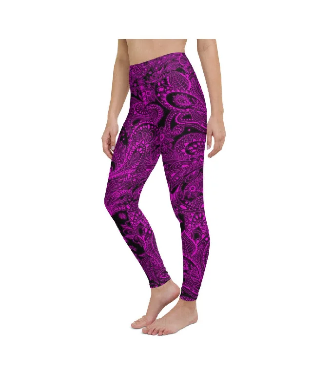 Full-Length Yoga Pants with High Waist -Pink Glowing Floral Yoga Pants
