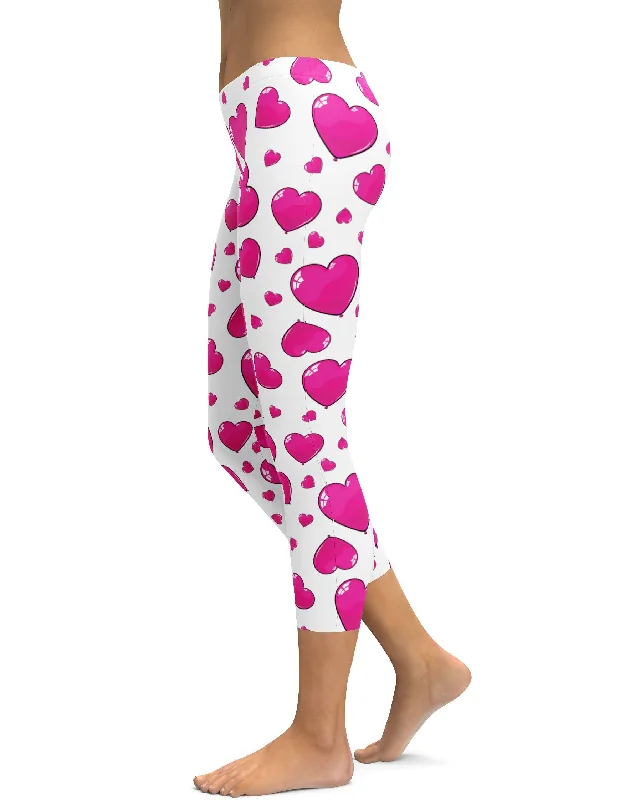 Black Yoga Pants -Pink Heart Shaped Balloons Capris