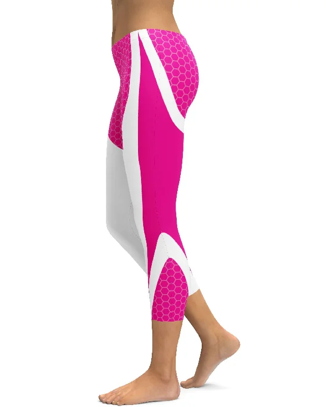 Stylish Yoga Leggings -Pink Honeycomb Carbon White Capris