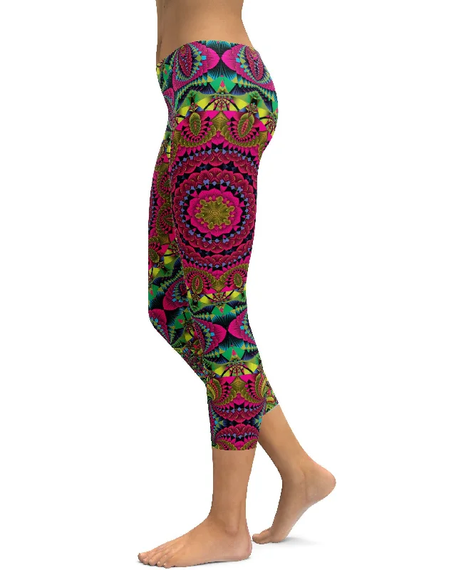 Yoga Pants for Power Yoga -Pink Kaleidoscope Capris