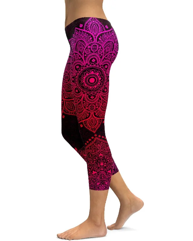 Comfortable Compression Yoga Pants for Women -Pink Mandala Capris